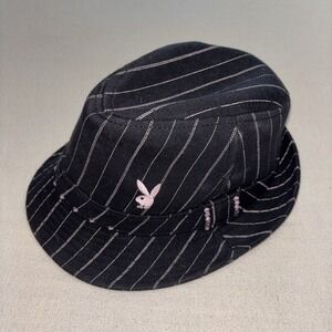 VTG Playboy Pinstripe Fedora Hat Black White Rhinestone Bunny Logo Size S/M  Y2K